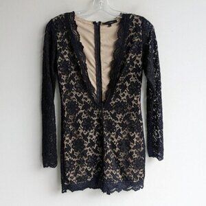 Olivaceous lace long sleeve romper with plunging neckline - black & nude